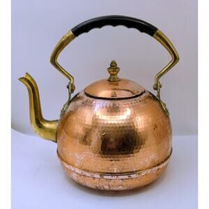 Copper and Brass Tea Kettle Vintage Well Made Wood Handle 8 L X 6 W X 5 T Inches